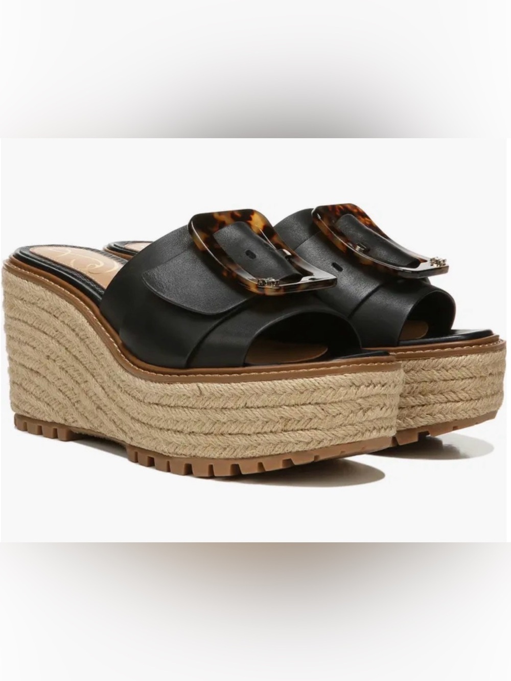 Sam Edelman Black Leather Espadrille Platform Slide with Tortoiseshell Buckle